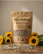 Bag of sunflower seeds on table