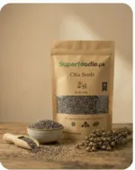 Bag of chia seeds on table