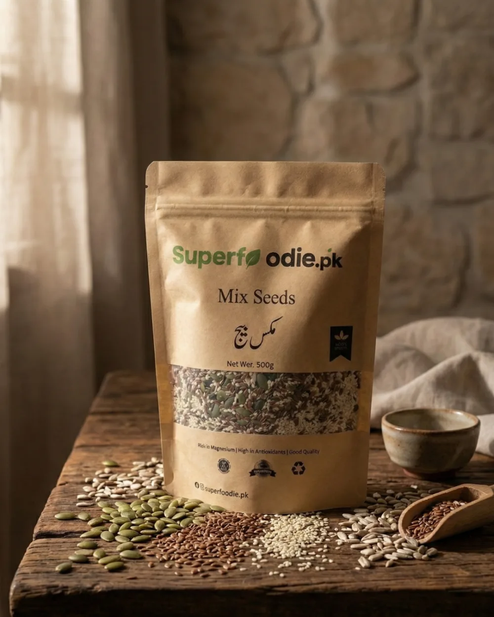 Superfoodie Mix Seeds pack with pumpkin sunflower flax and sesame seeds