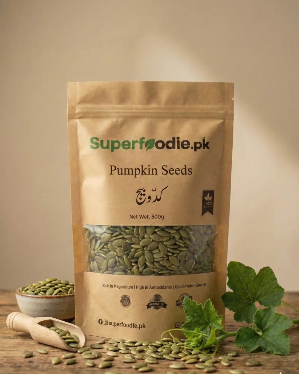 Bag of pumpkin seeds on table