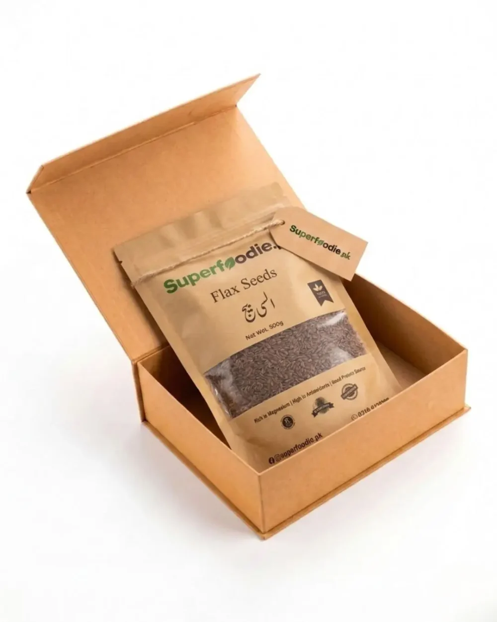 flax seeds pouch in a box