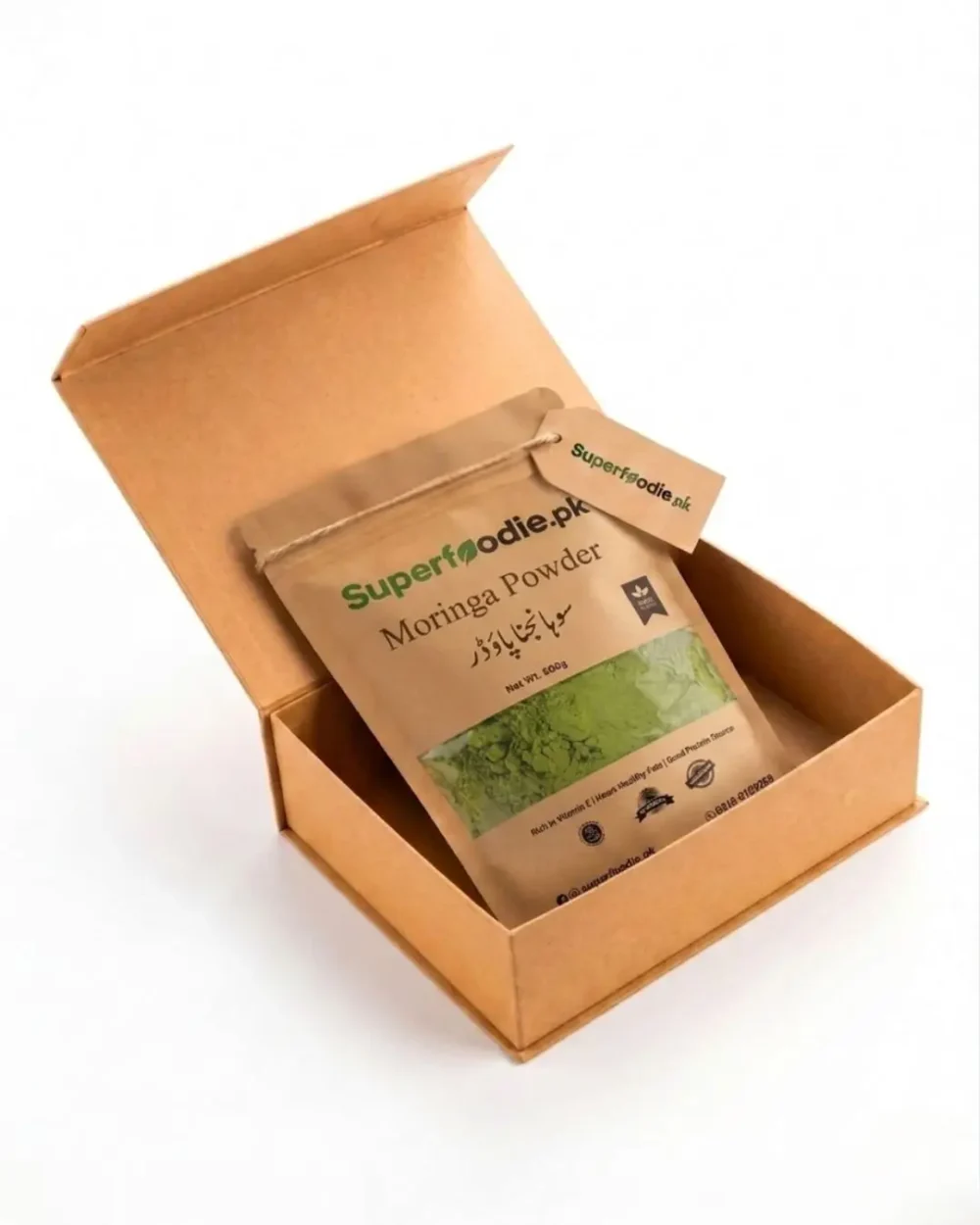 moringa powder pouch in a box